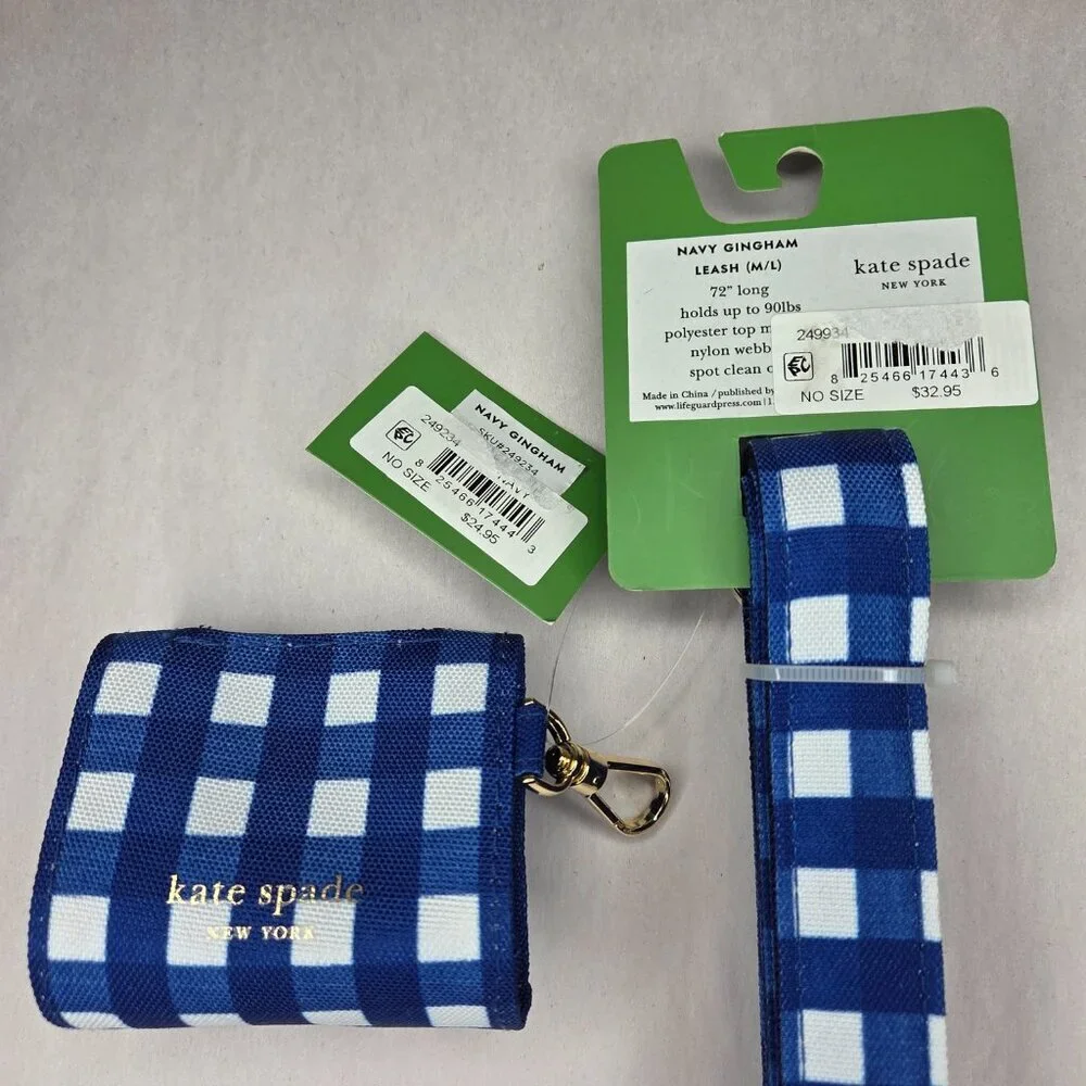 NWT Kate Spade Navy Gingham Dog Leash & Doggie Bag Holder